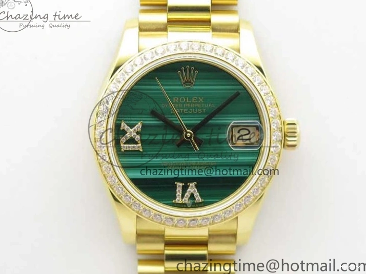 MiroTime 0305 Versatile Daydate 278288 31mm YG EWF Best Edition Green Malachite Dial Crystal Markers on YG President Bracelet ETA 2606